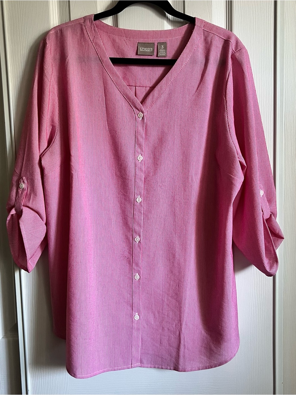 Chico's Pink Button-Front V-Neck Roll-Sleeve Blouse